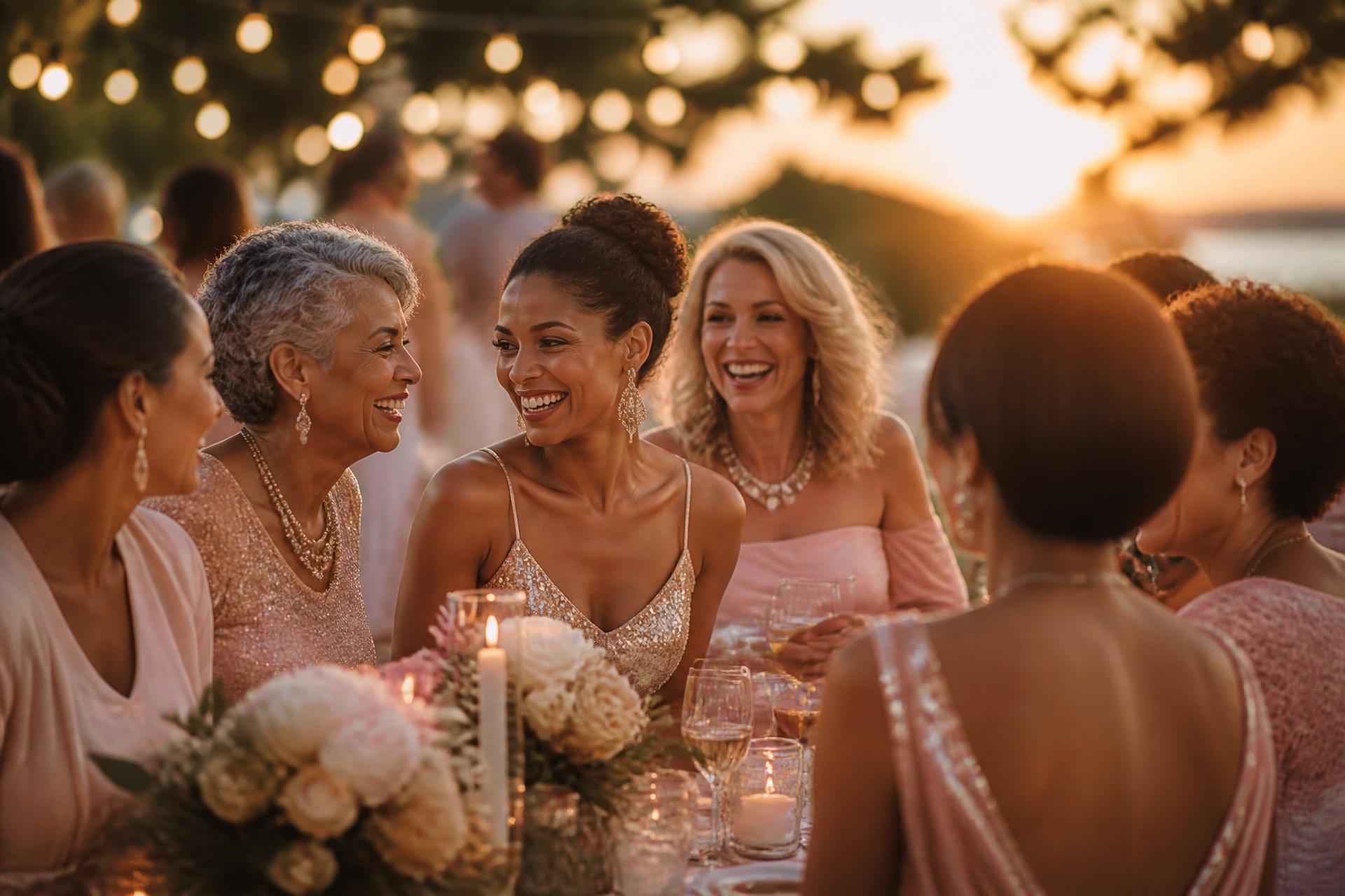 Women laughing together at an elegant outdoor gathering during sunset